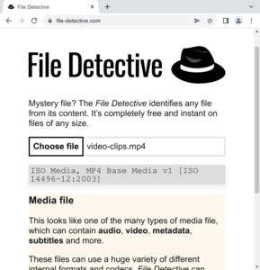 Screenshot of File Detective in a browser, showing identificaiton of a file "video-clips.mp4" as "ISO Media, MP4 Base Media v1" and identifying the file as a media file.