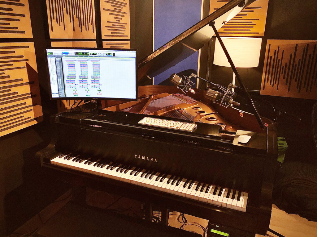 Yamaha grand piano, in a live sound booth