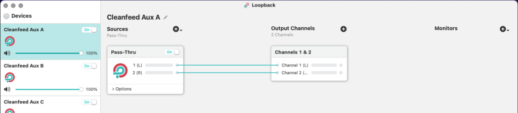 Screenshot of macOS Rogue Amoeba Loopback interface, showing virtual device called "Cleanfeed Aux A" which has just one stereo source connected to 2 output channels.