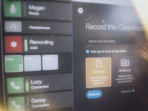 Photograph of a screen showing Cleanfeed new UI, but taken with a filthy lens and scratched film