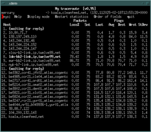 A "traceroute" running in a BSD terminal showing latency and jitter between two locations