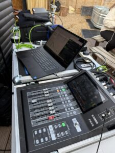 Yamaha DM3, laptop and Dante audio setup - on the road